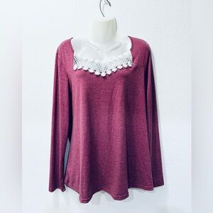 Rotita Elegant Burgundy Lace Trim Top